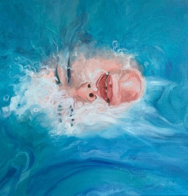Retrato de una persona sumergida en agua, con burbujas y tonos azules.