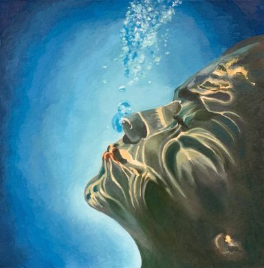 Retrato de un rostro humano emergiendo del agua, con burbujas ascendiendo.
