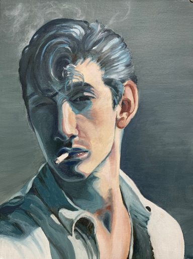 Retrato de un joven con cabello oscuro y cigarrillo, en un estilo artístico.
